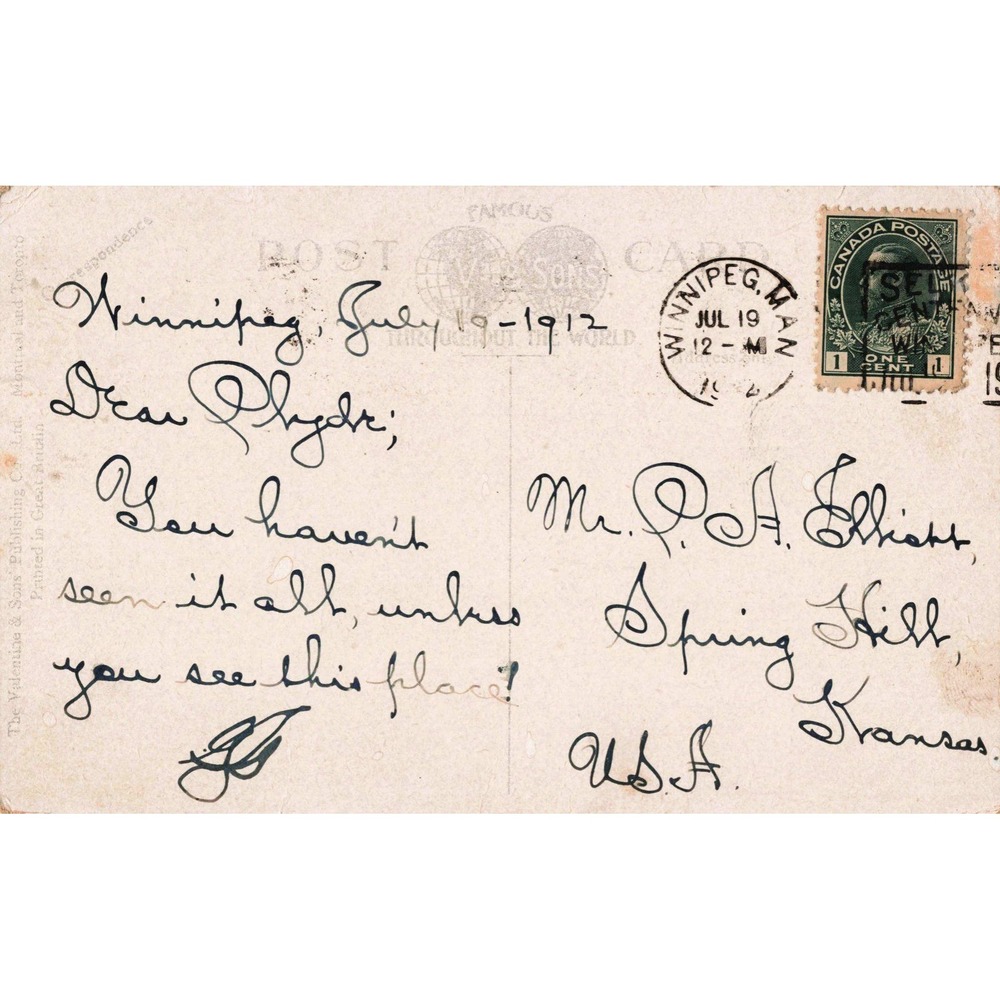 Vintage 1912 Winnipeg Manitoba Broadway Postcard Streetcar Valentine & Sons - Picture 2 of 2